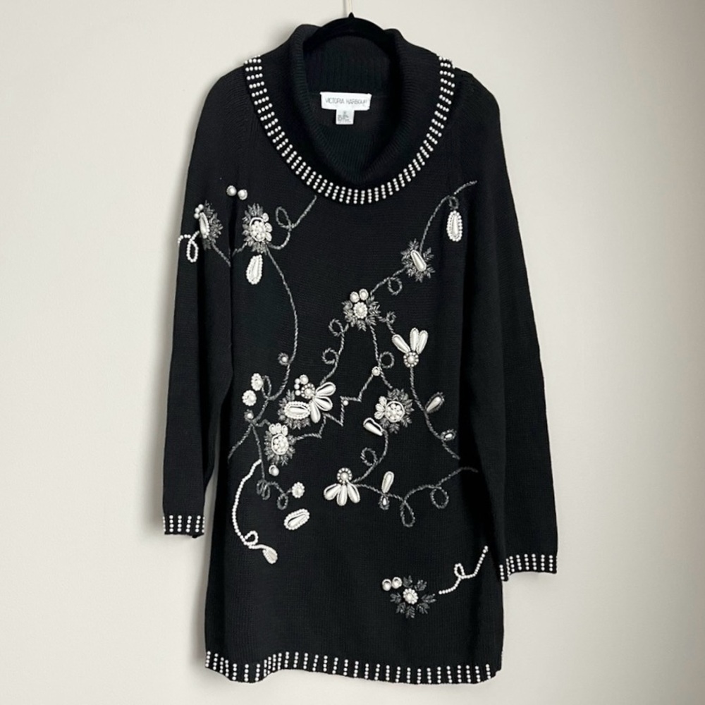 Black Long Sleeve Knit Dress Embellished Pearls Holiday Vintage 80’s Grandmacore